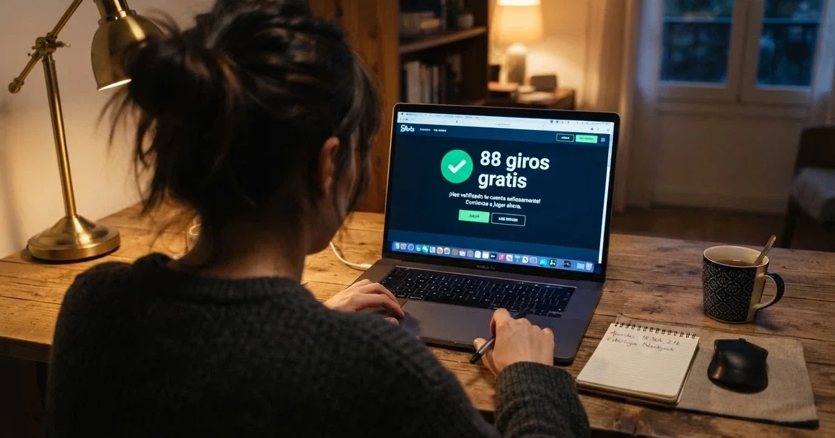 Un jugador frente a la pantalla de un casino online español, con el mensaje «88 giros gratis» visible en la esquina y el DNI sobre la mesa junto al teclado, señal de la verificación KYC