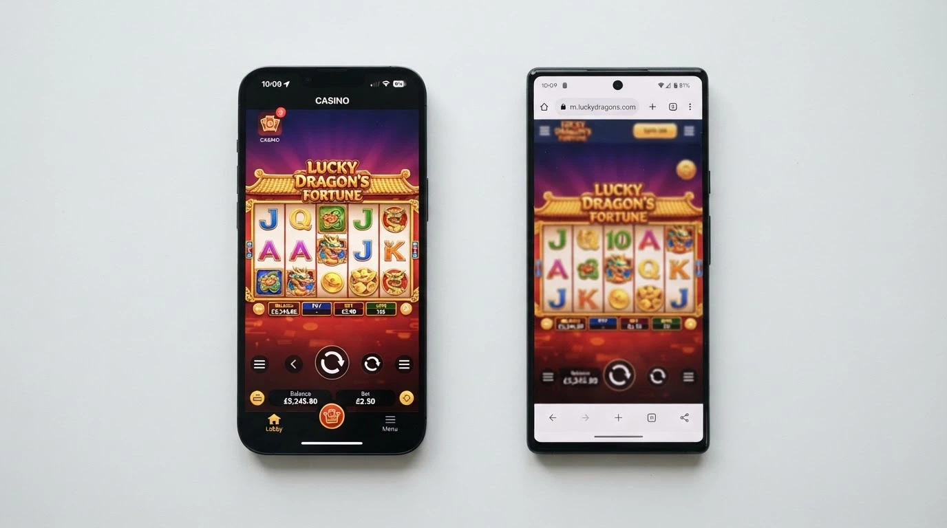 Pantalla dividida que muestra una app de casino con notificaciones a la izquierda y el navegador móvil con el mismo juego a la derecha