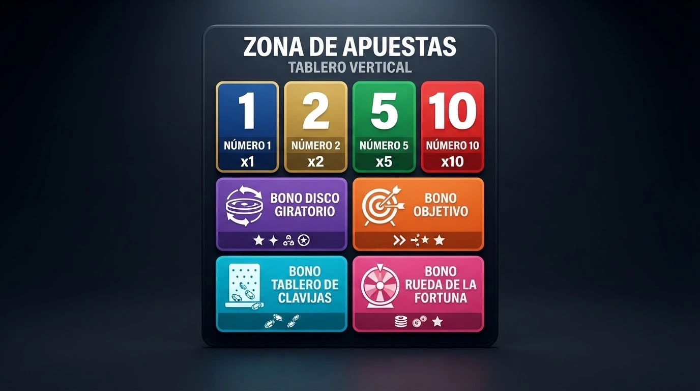 Tablero de apuestas de Crazy Time con los números 1, 2, 5, 10 y los cuatro juegos de bonificación