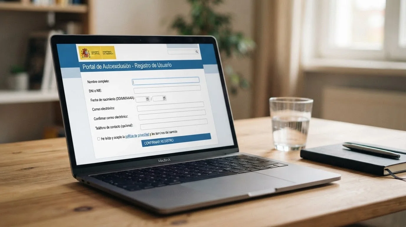 Pantalla del portal de autoexclusión RGIAJ en la web de la DGOJ con el formulario de inscripción visible