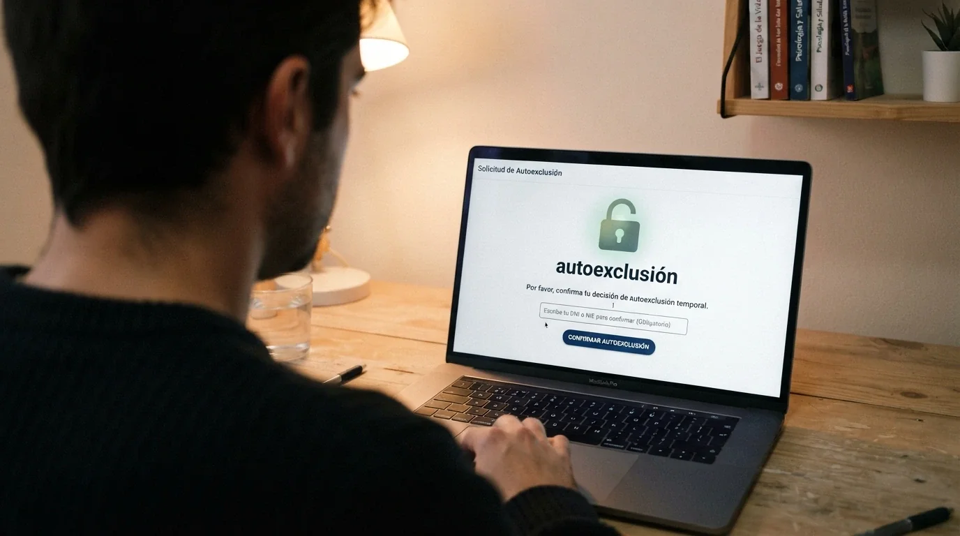 Un formulario digital con un candado abierto y la palabra «autoexclusión» visible en la interfaz