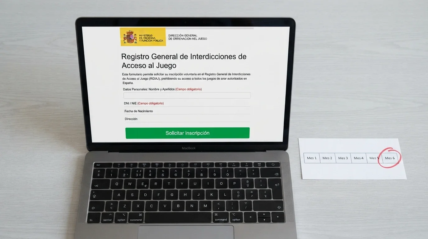 Un formulario en pantalla con el encabezado «Registro General de Interdicciones de Acceso al Juego» y un botón destacado que dice «Solicitar inscripción», junto a un calendario que marca seis meses