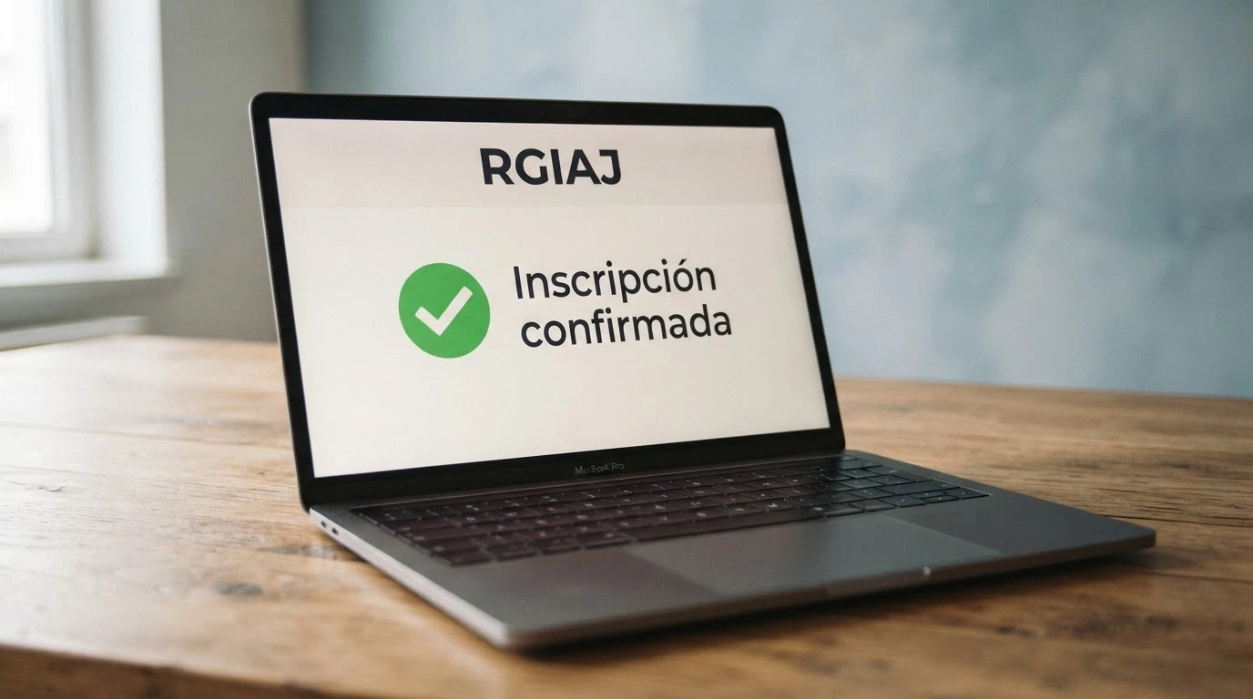 Un documento oficial con el membrete «RGIAJ» en la cabecera y un sello de «inscripción voluntaria» superpuesto, sobre un fondo azul institucional. Sin datos personales visibles.