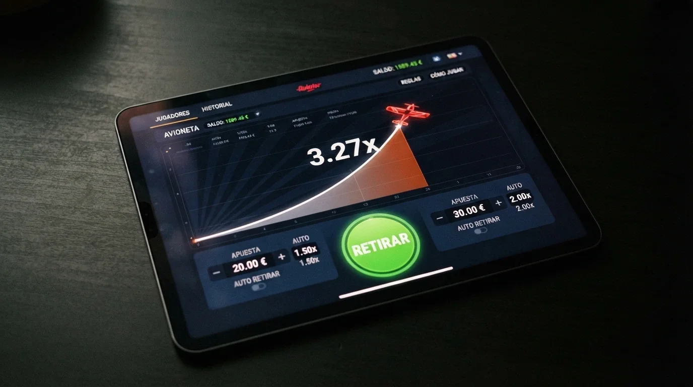 Pantalla principal del juego Aviator mostrando la curva ascendente del multiplicador y el botón de cashout