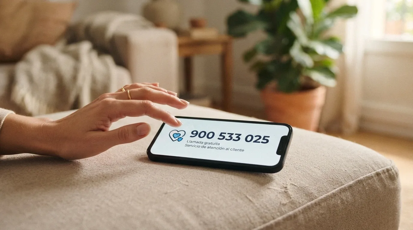 Teléfono móvil con el número 900 533 025 en pantalla junto al logotipo de FEJAR y un icono de autoexclusión
