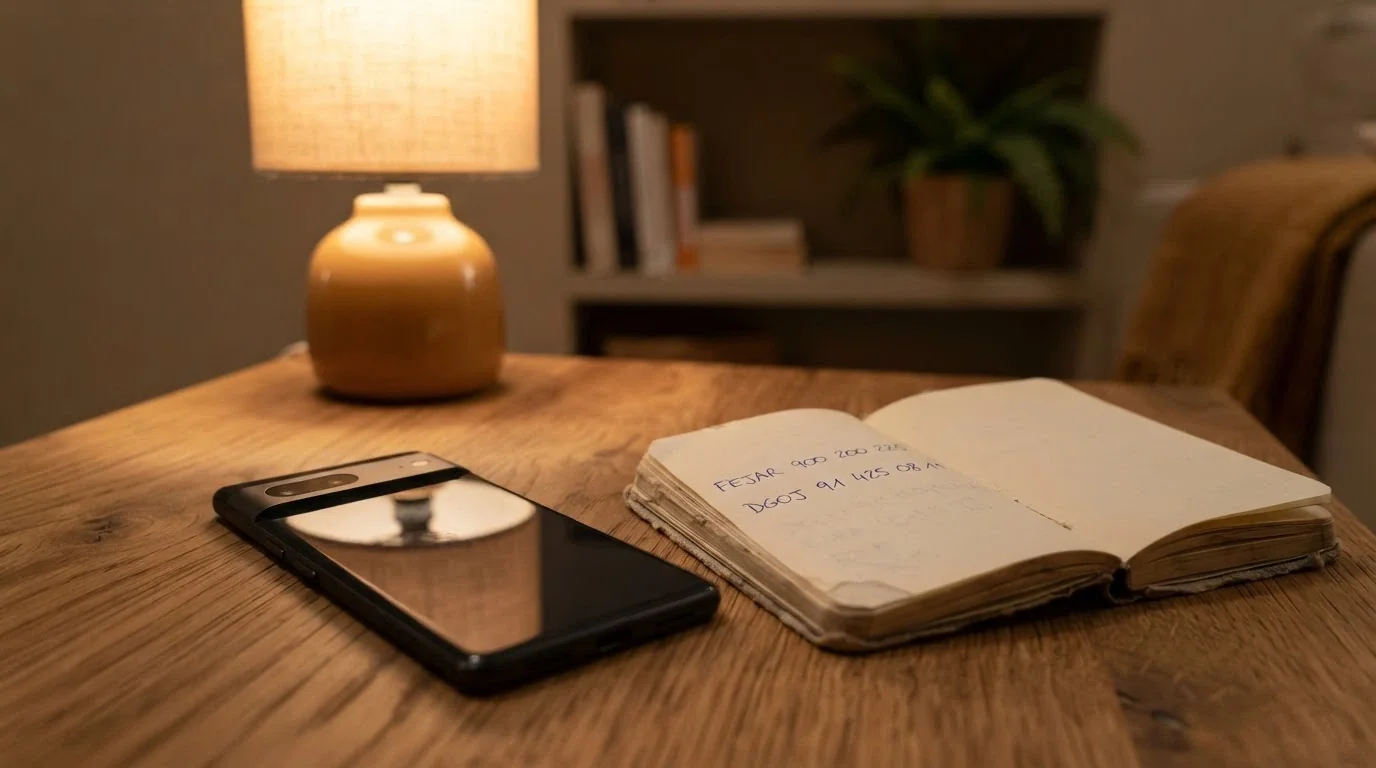Un teléfono fijo con el auricular descolgado y una libreta al lado donde alguien ha anotado «FEJAR 900 200 225» y «DGOJ 91 425 08 11»