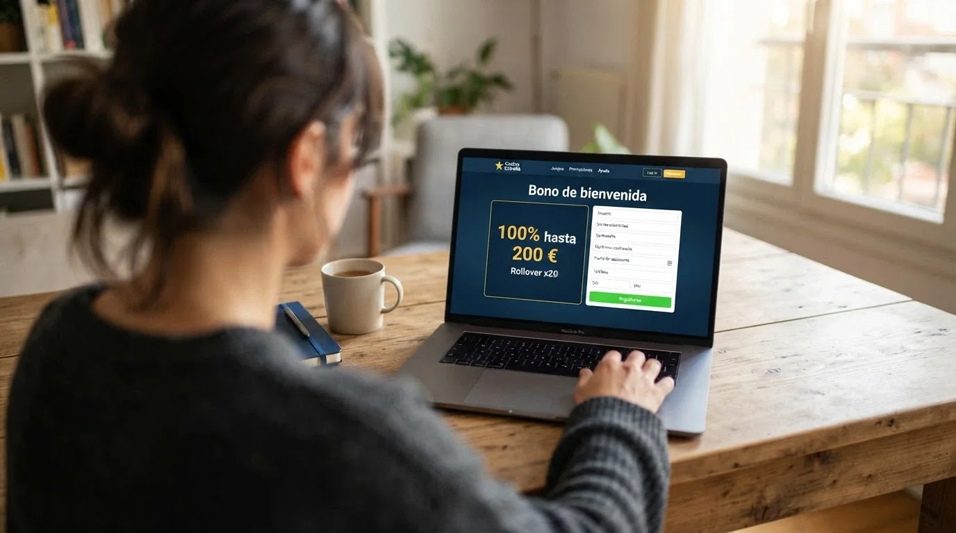 Pantalla de registro en un casino online español con el apartado de bonos de bienvenida visible