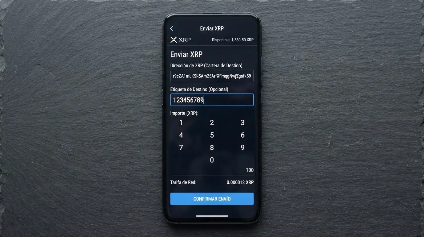 Billetera de XRP mostrando el campo de destination tag antes de enviar una transacción a un casino