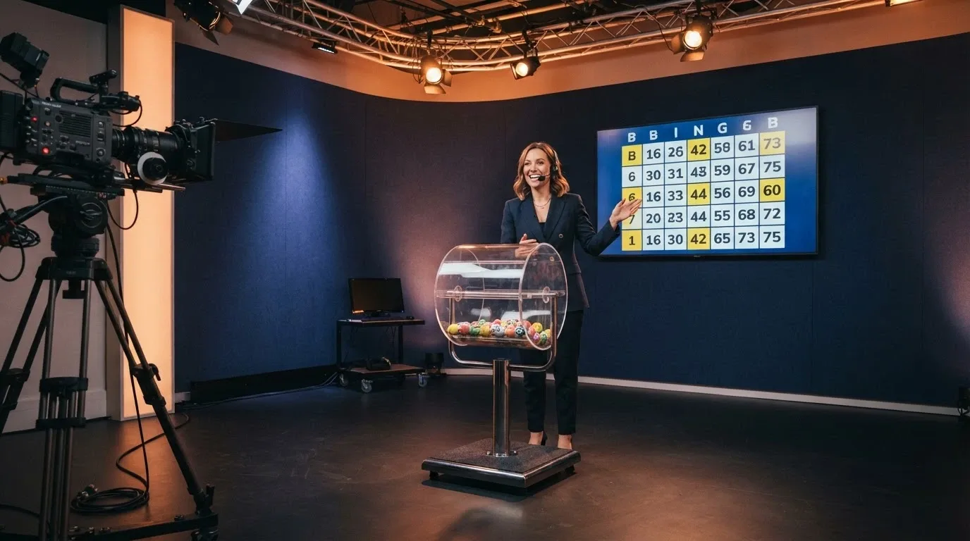 Presentador de bingo en un plató con bombo de bolas y pantalla de resultados durante una retransmisión