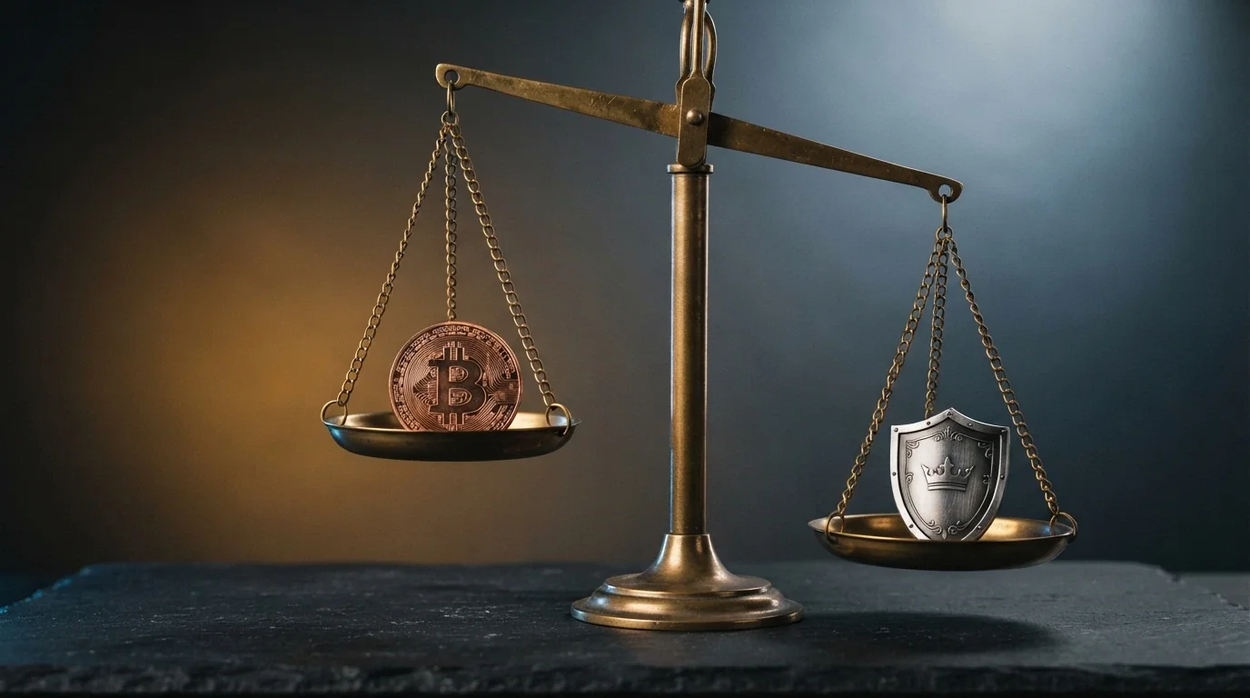 Una balanza con el símbolo de Bitcoin Cash en un platillo y el escudo de la DGOJ en el otro, inclinada hacia el lado del escudo
