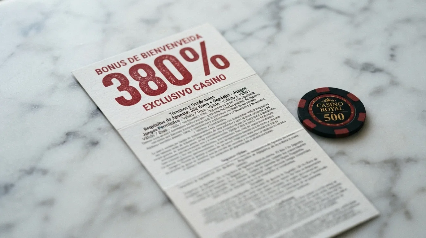 Primer plano de una tarjeta de regalo con el porcentaje 380 % impreso y una letra pequeña que se desdobla en condiciones de apuesta