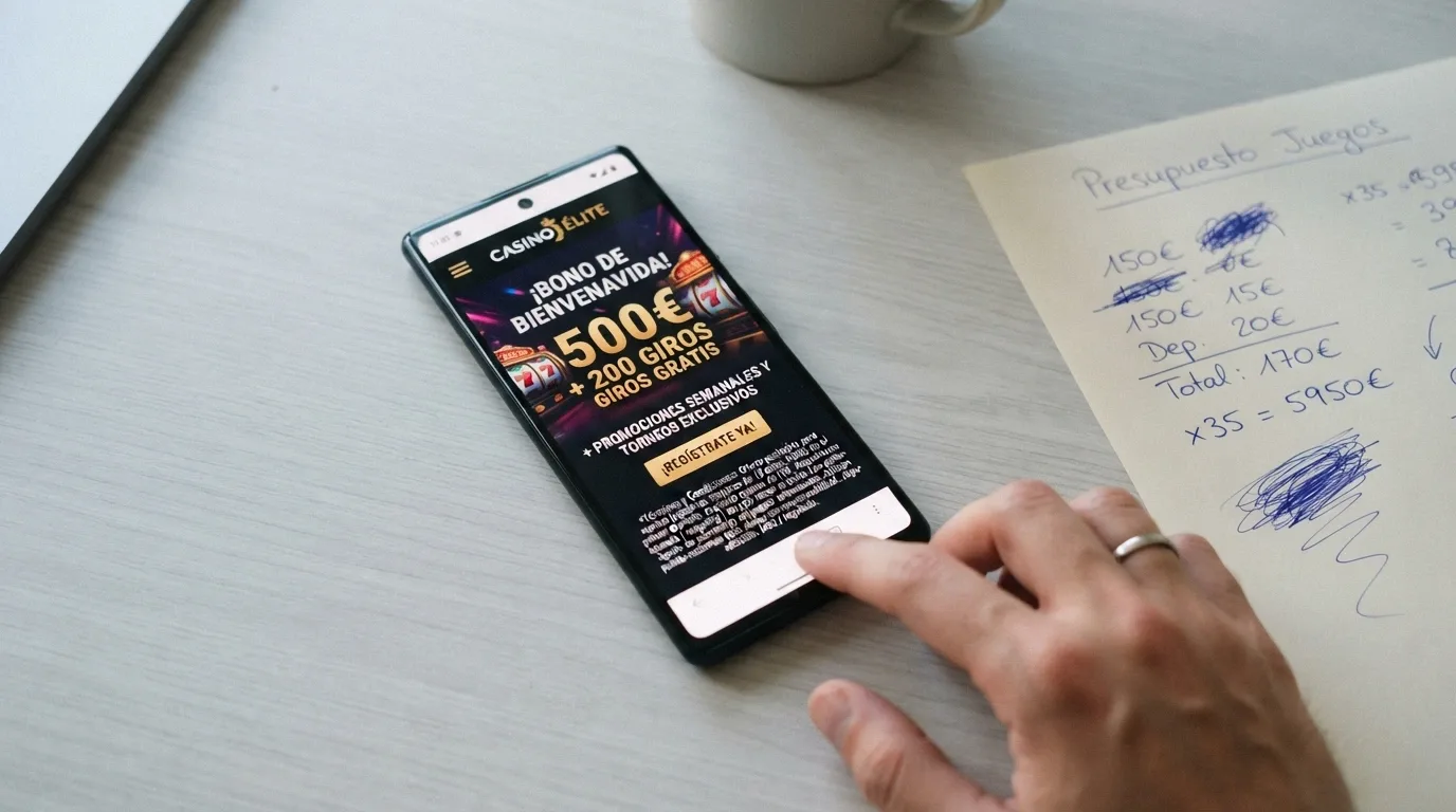 Pantalla de bienvenida de un casino online con el importe del bono y las condiciones en letra pequeña