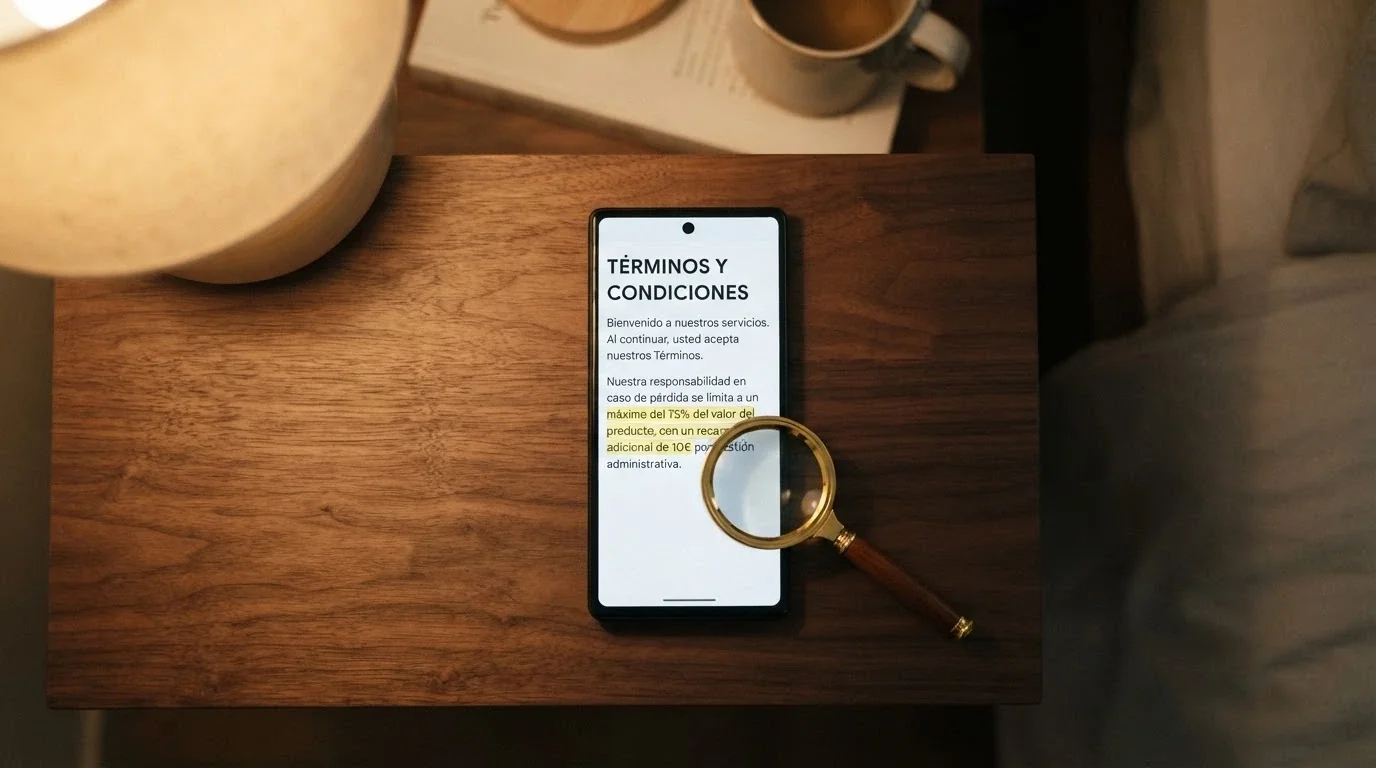 Primer plano de un móvil con la pantalla de términos del bono, una lupa sobre la letra pequeña