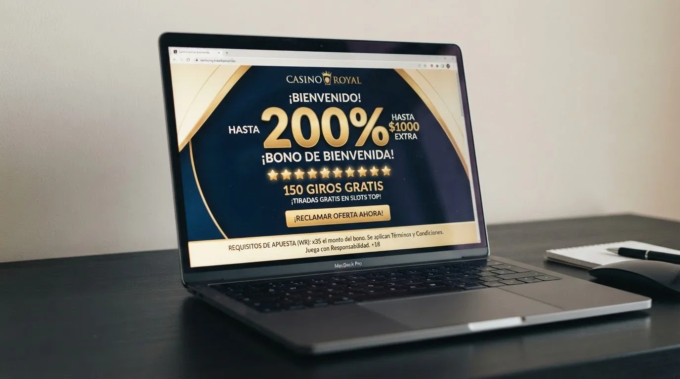 Pantalla de promoción de bono de bienvenida en un casino con criptomonedas, con el porcentaje de match, las tiradas gratis y la letra pequeña del rollover visibles