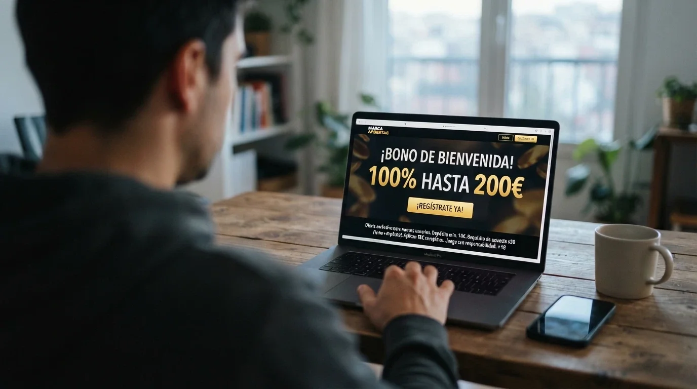 Pantalla promocional de un bono de bienvenida en un casino crypto, con la cifra del bono destacada y la letra pequeña del wagering visible debajo