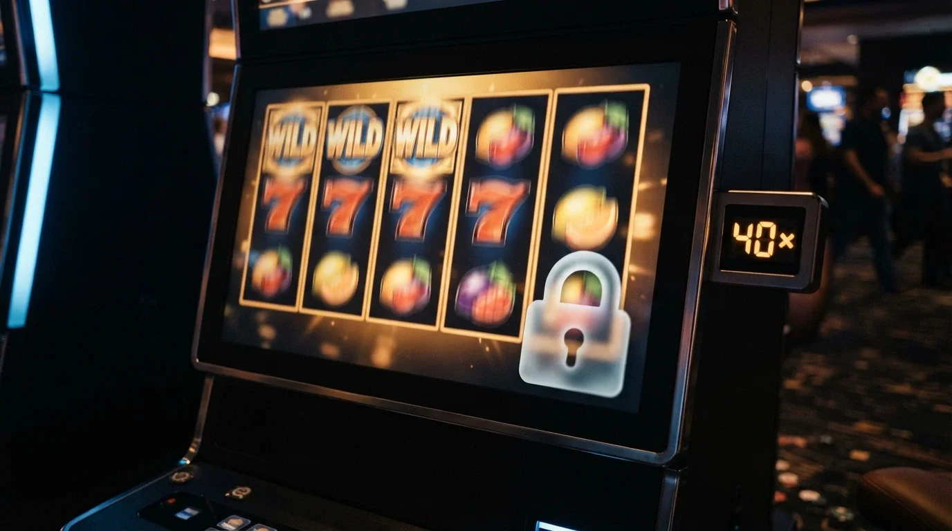 Un primer plano de un bono de casino con un candado y un contador de apuesta (40x) que se desvanece sobre una pantalla de slot