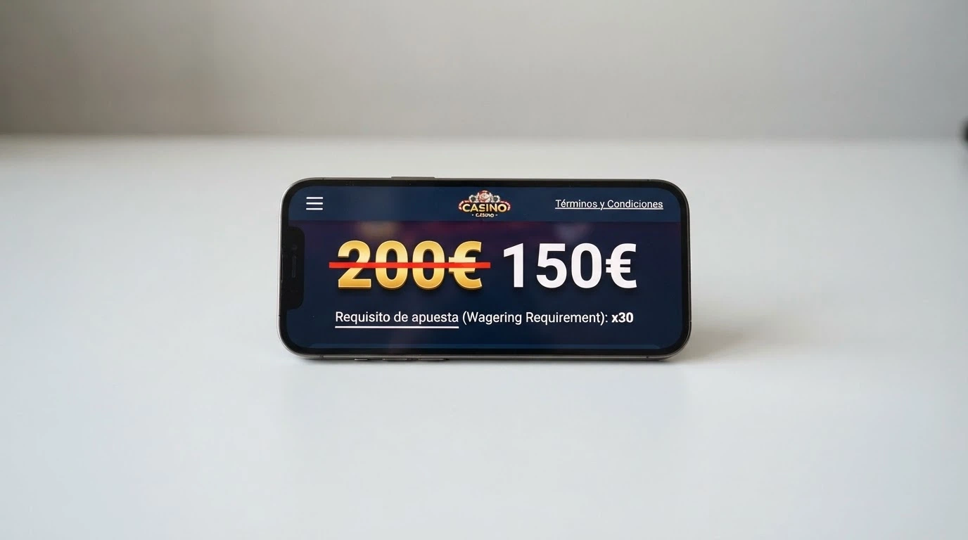 Primer plano de una pantalla de casino mostrando un bono de bienvenida con el importe grande tachado y una cifra menor al lado, junto a un texto de requisito de apuesta subrayado