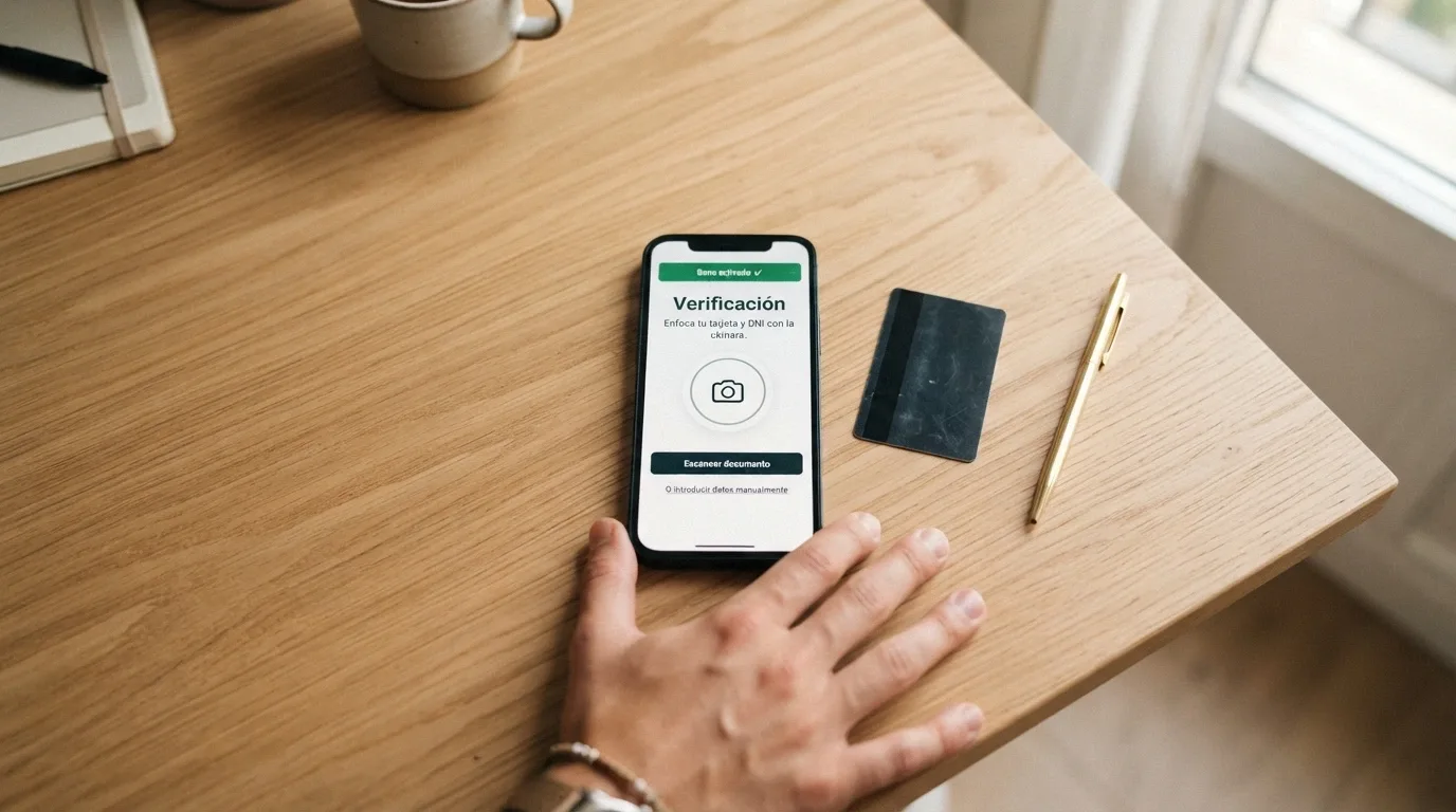 Un teléfono móvil mostrando la pantalla de verificación KYC de un casino español, con el DNI junto al teléfono y una notificación de «Bono activado» en la parte superior