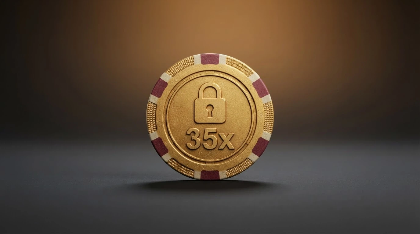 Primer plano de una ficha de casino con un candado y un número 35x grabado