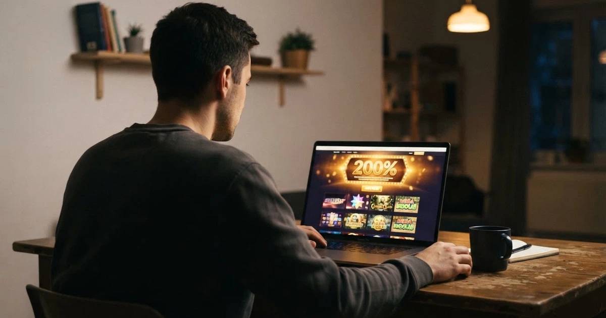 Un jugador consulta en su portátil la pantalla de promociones de un casino online español con una oferta de bono del 200% visible en primer plano