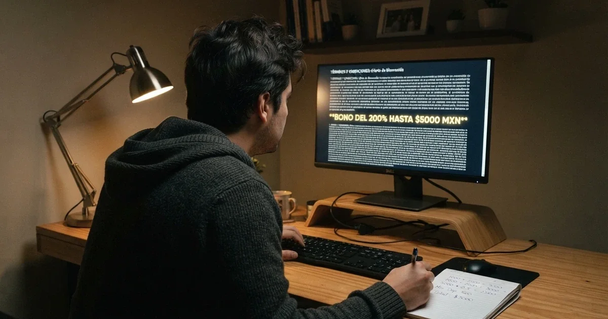 Un jugador revisando en la pantalla de un ordenador los términos y condiciones de un bono de casino con una calculadora al lado