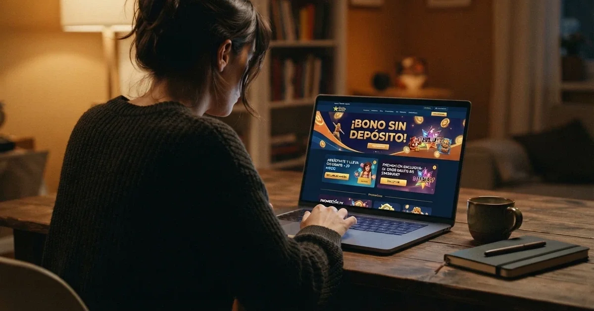 Pantalla de inicio de un casino online español con la sección de promociones destacada y el banner de bono sin depósito en primer plano