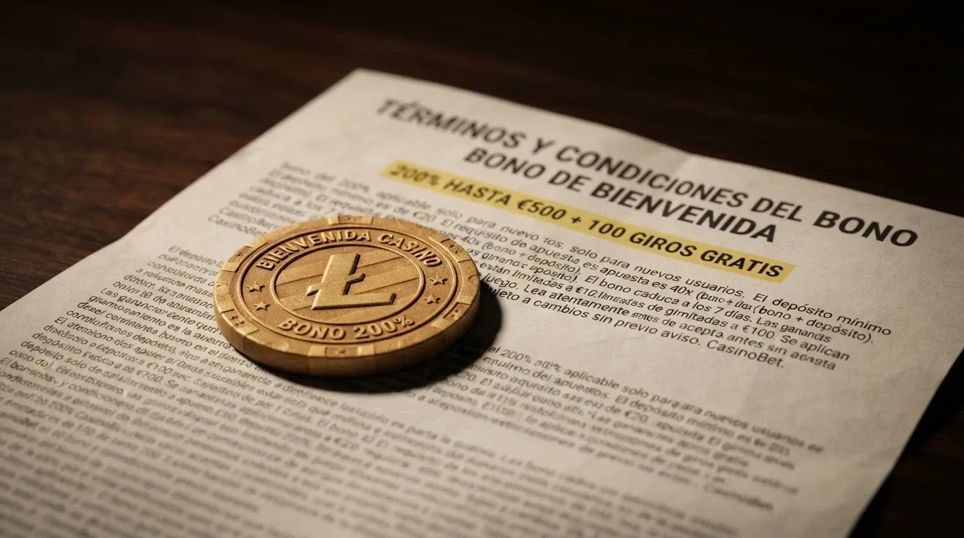 Una ficha de casino con el logo de Litecoin junto a un documento desplegado que muestra los términos y condiciones de un bono de bienvenida
