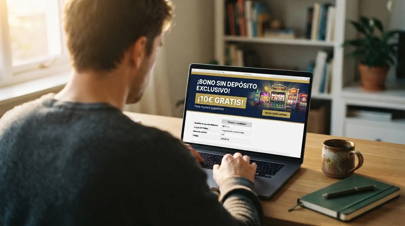 Pantalla de promociones de un casino online español donde se lee «Bono sin depósito» junto al importe del bono y las condiciones de rollover en letra pequeña