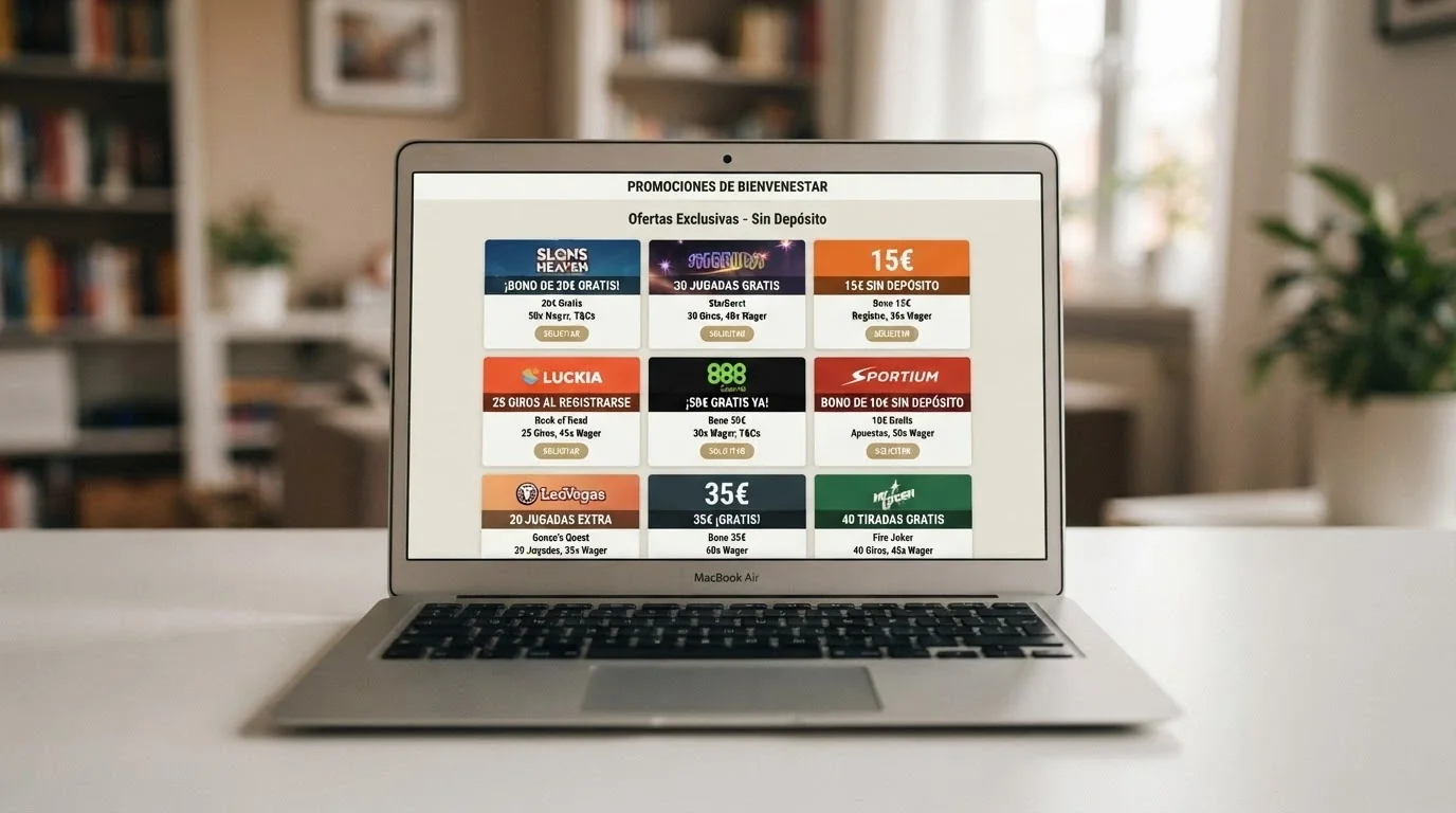 Listado de bonos sin depósito en la pantalla de promociones de un casino online español