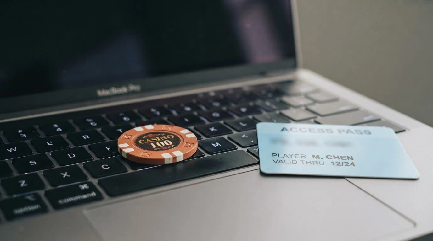 Un billete de 50 euros junto a una tarjeta de verificación de identidad sobre el teclado de un ordenador portátil