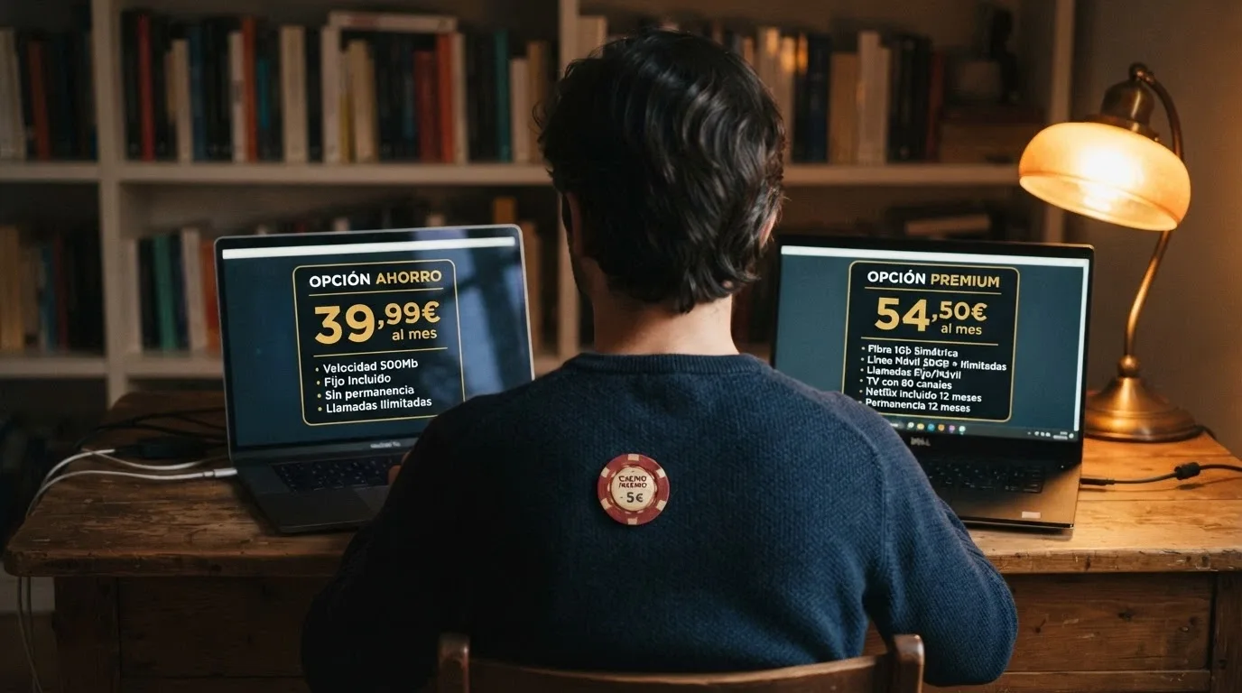 Un jugador frente a dos pantallas comparando las fichas de condiciones de dos casinos online distintos, con expresión de estar tomando una decisión informada