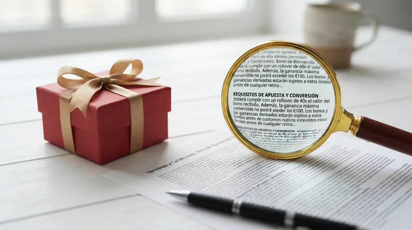 Un regalo envuelto con un lazo y una lupa sobre la letra pequeña de sus condiciones