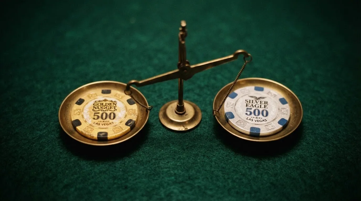Dos fichas de casino sobre un tapete: una dorada con la etiqueta sin depósito y otra plateada con la etiqueta con depósito, separadas por una balanza que se inclina hacia la dorada
