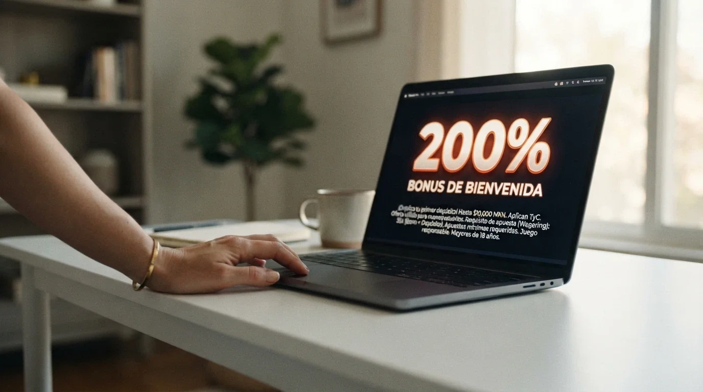 Pantalla de promoción de un bono de bienvenida de casino cripto con el porcentaje destacado y la letra pequeña del wagering debajo