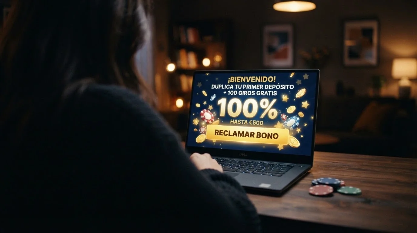 Primer plano de una pantalla de casino con el bono de bienvenida destacado y el selector de Bizum como método de pago