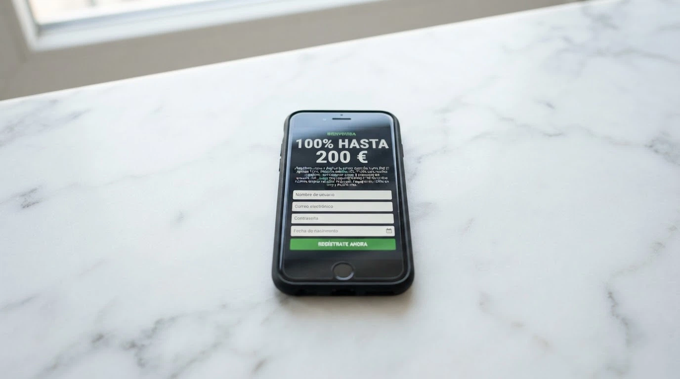 Pantalla de registro en una app de casino con un banner que anuncia «100% hasta 200 €» y letra pequeña debajo con condiciones