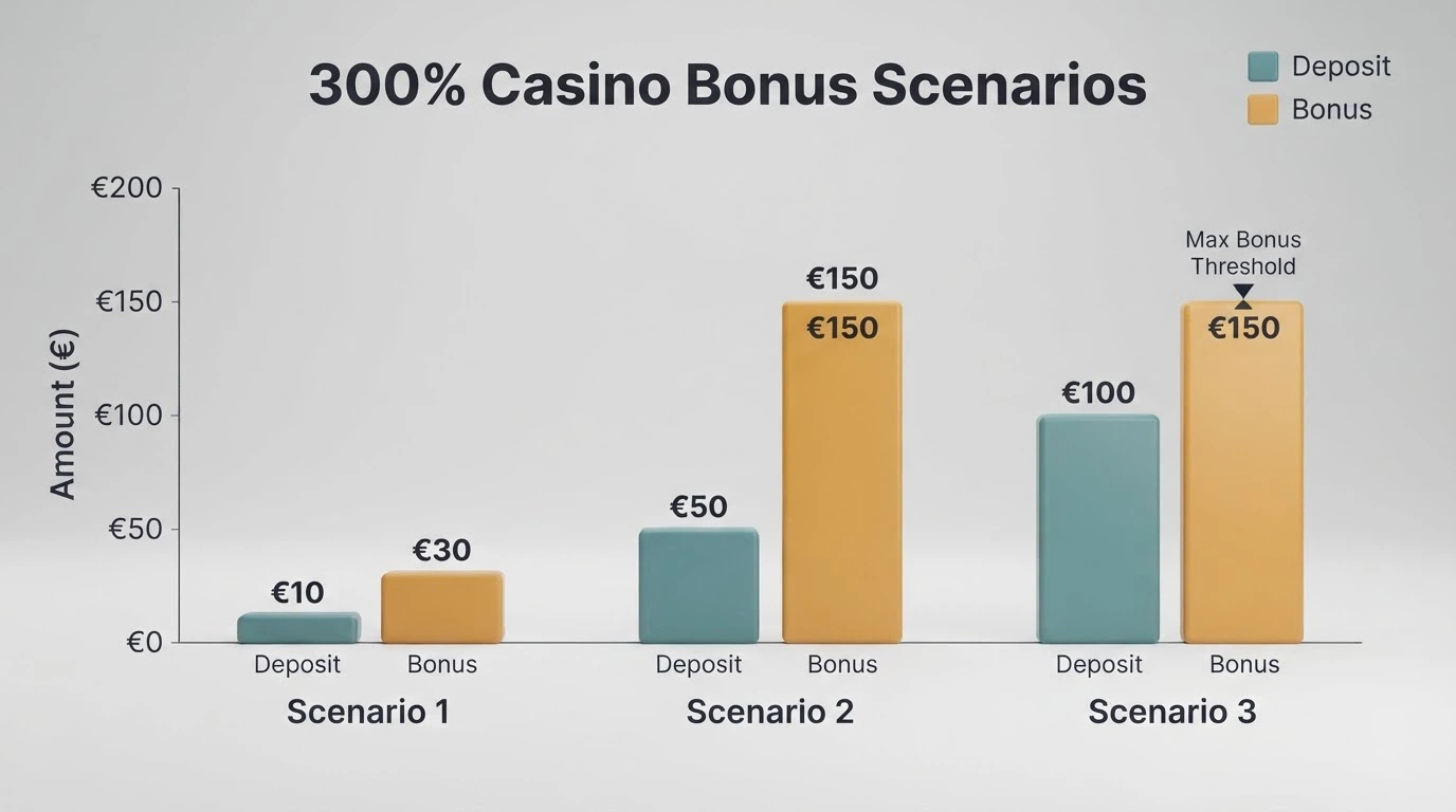 Una tabla comparativa con tres columnas que muestran depósitos de 10, 50 y 100 euros junto al bono resultante con un 300%