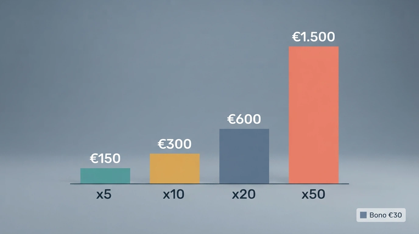 Esquema visual del cálculo de rollover: importe del bono multiplicado por el requisito de apuesta