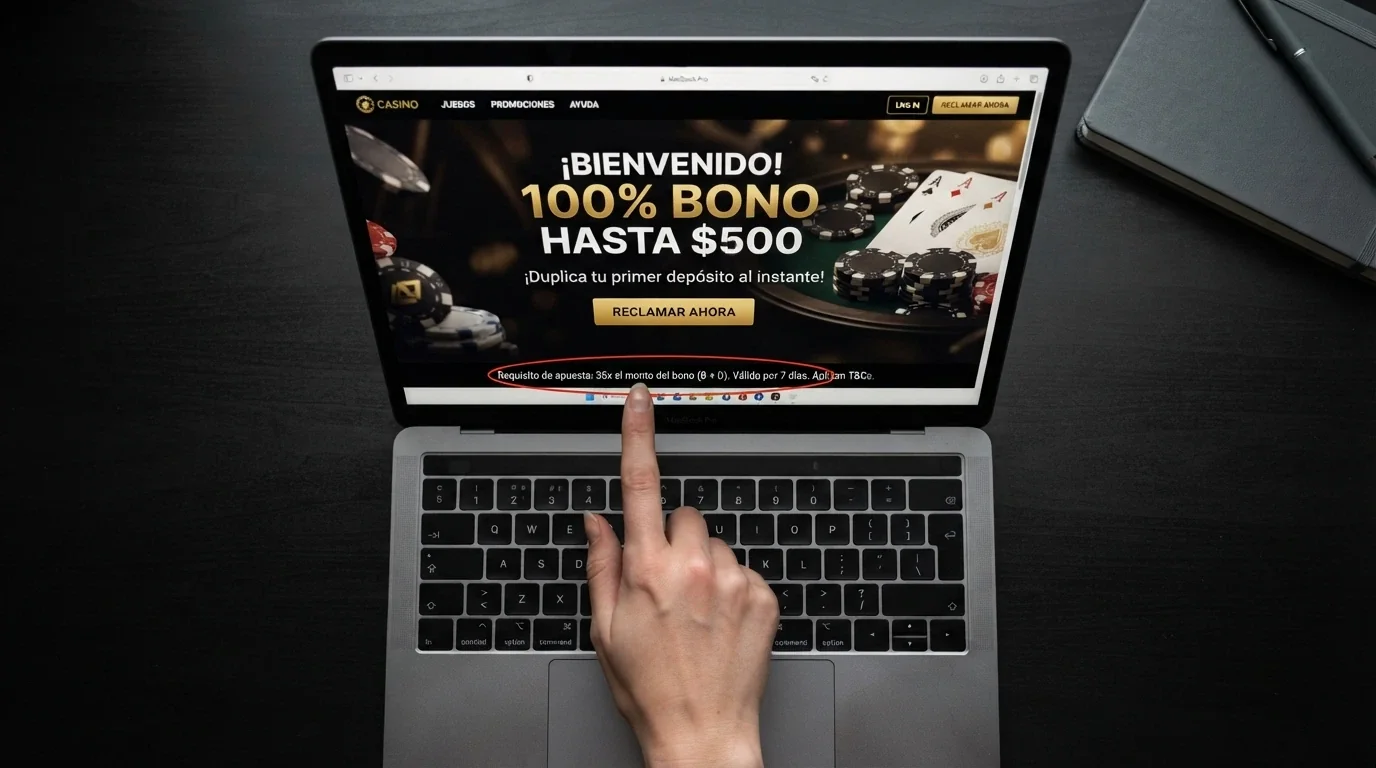 Pantalla de bienvenida de un casino Solana con el porcentaje de bono destacado junto a la letra pequeña del requisito de apuesta
