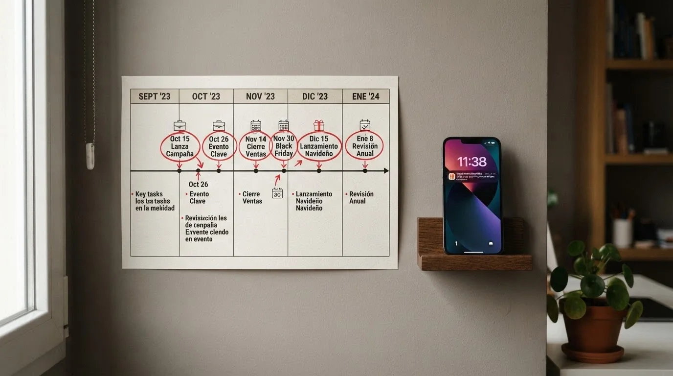 Calendario de pared con varias fechas marcadas en rojo y una notificación de «nuevo bono disponible» en la pantalla de un móvil al lado