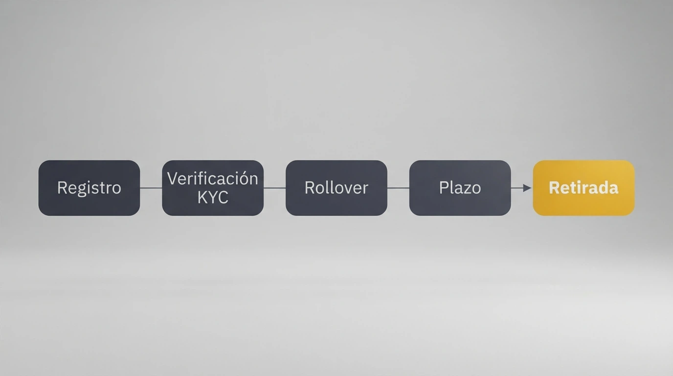 Un gráfico con cinco casillas en secuencia —registro, verificación KYC, rollover, plazo, retirada— donde solo la última aparece iluminada