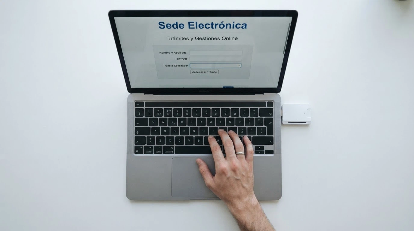 Una mano sobre un teclado con un lector de DNI electrónico conectado al ordenador, mostrando en pantalla la sede electrónica de la DGOJ