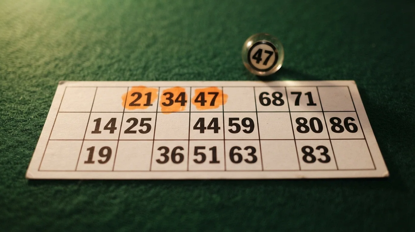 Cartón de bingo de 90 bolas con quince números repartidos en tres filas y nueve columnas