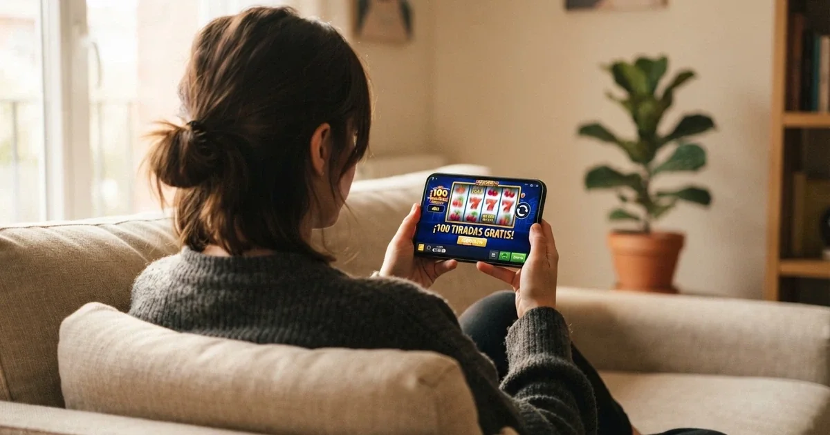 Un jugador mirando la pantalla de un móvil con tragaperras coloridas y el texto «100 tiradas gratis» en la interfaz del casino