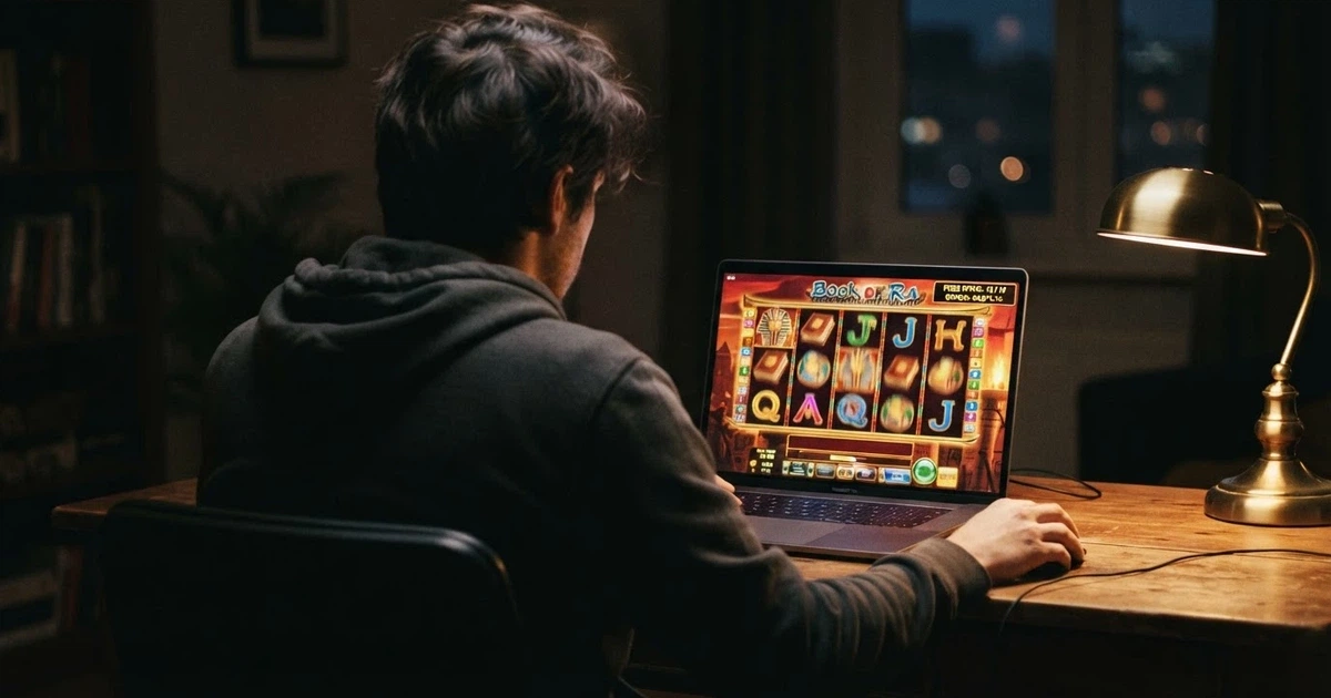 Un jugador frente a la pantalla de una tragaperras online con el contador de tiradas gratis activo y el saldo de bono visible en la esquina