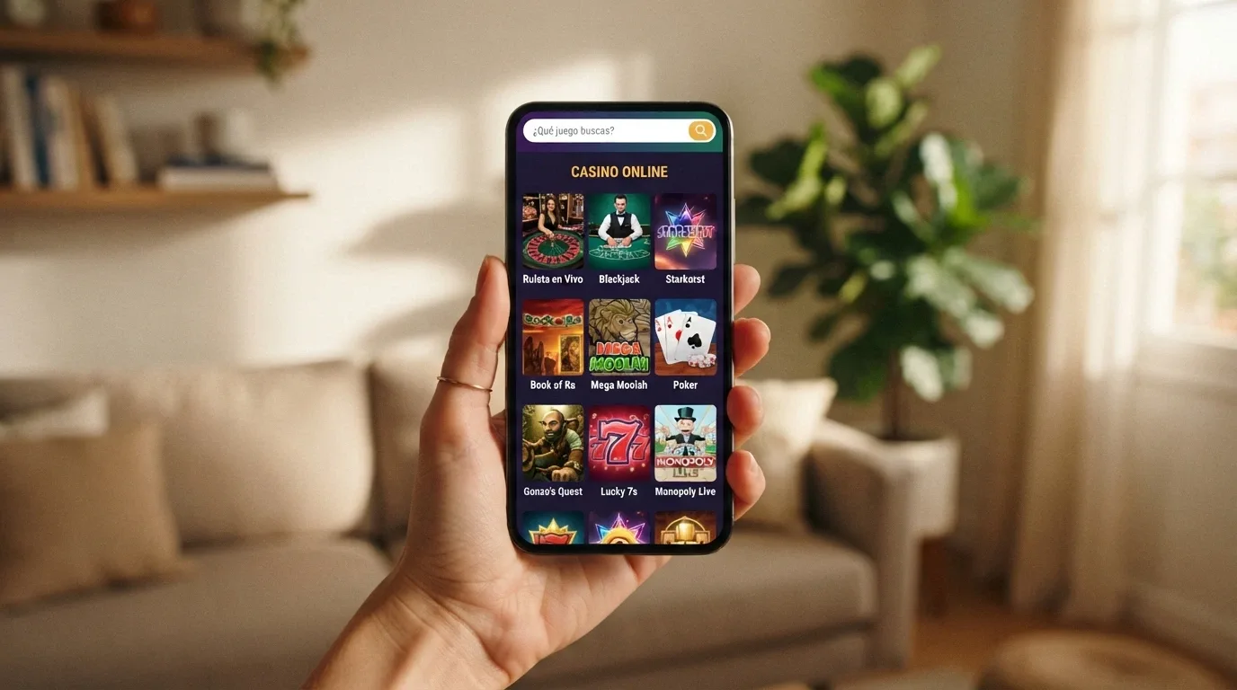 Mano sosteniendo un móvil en vertical con la web de CasinoBarcelona abierta en el lobby de juegos