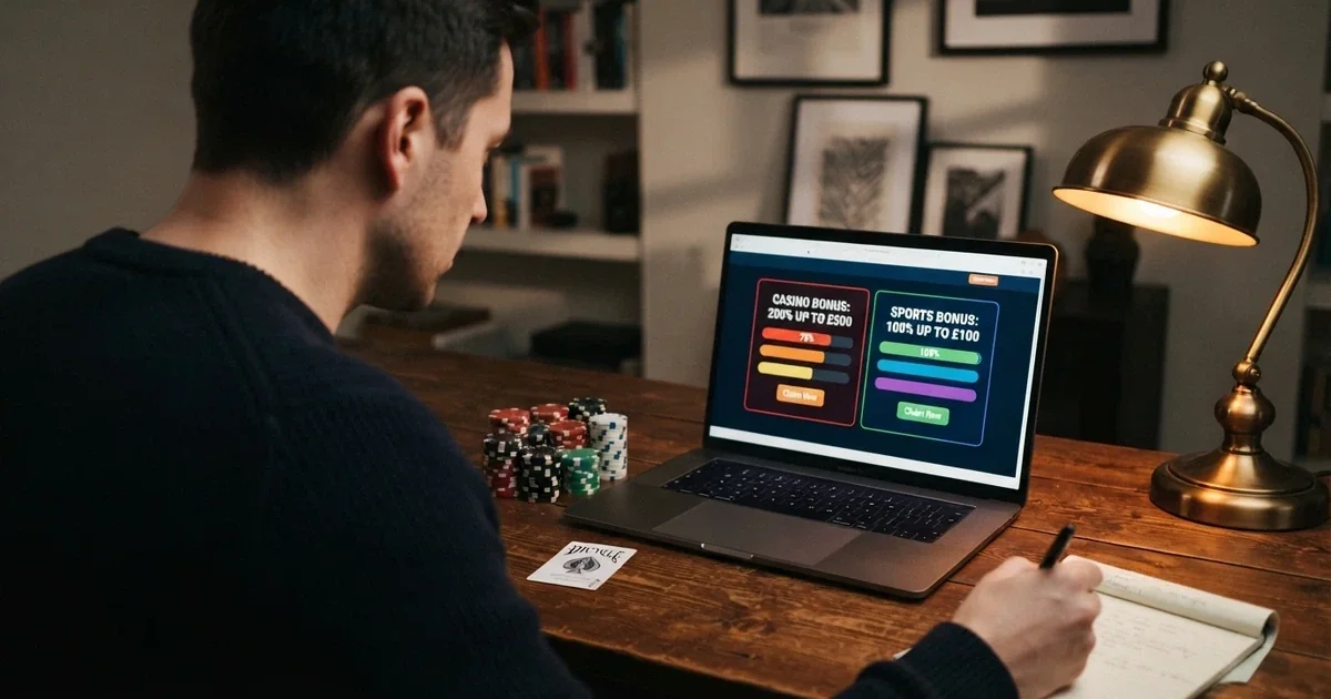 Jugador consultando una tabla comparativa de ofertas de casino en una pantalla, con fichas y cartas de póquer en segundo plano
