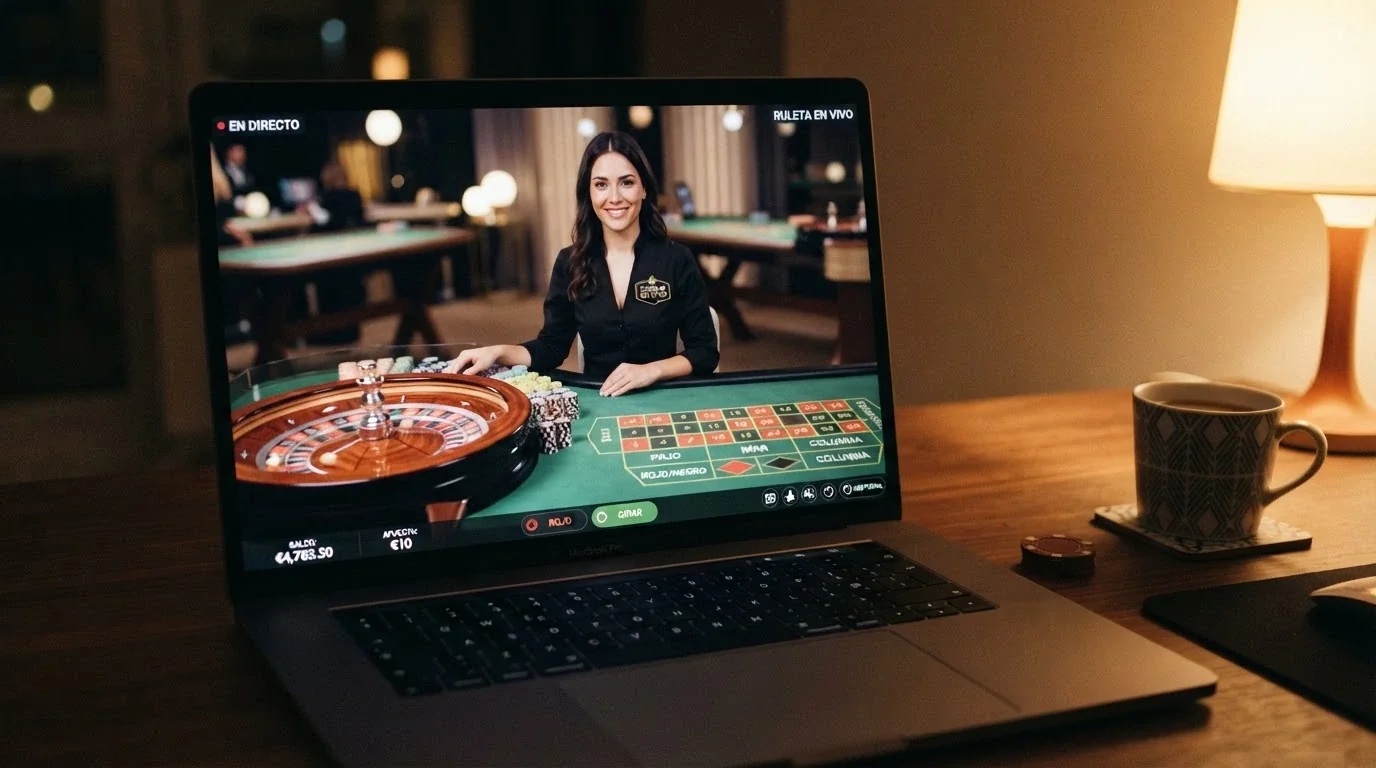 Crupier de casino en vivo saludando en español detrás de una mesa de ruleta, con la interfaz de apuestas visible en pantalla