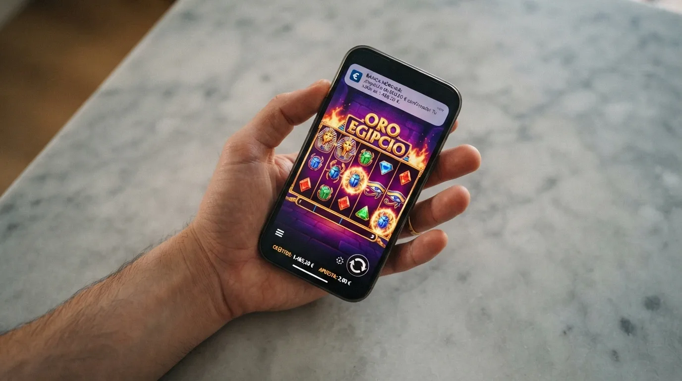 Un teléfono mostrando un juego de casino con la notificación de pago de la app de CaixaBank superpuesta
