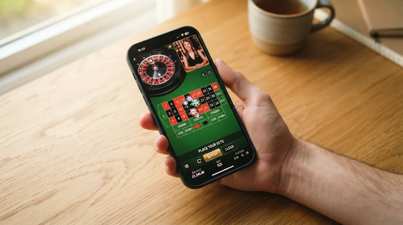 Mano sosteniendo un smartphone con una mesa de ruleta en vivo de Evolution en pantalla